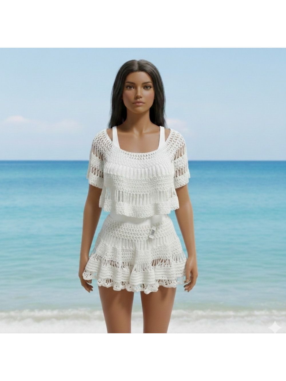 Handmade White Crochet Ruffle Beach Top Boho Sheer 3-in-1 Poncho Cover-Up Open